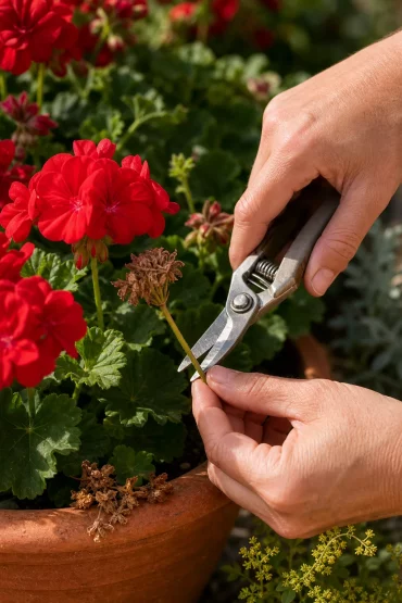 Hände entfernen verblühte Geranienblüte samt Stängel im Kübel