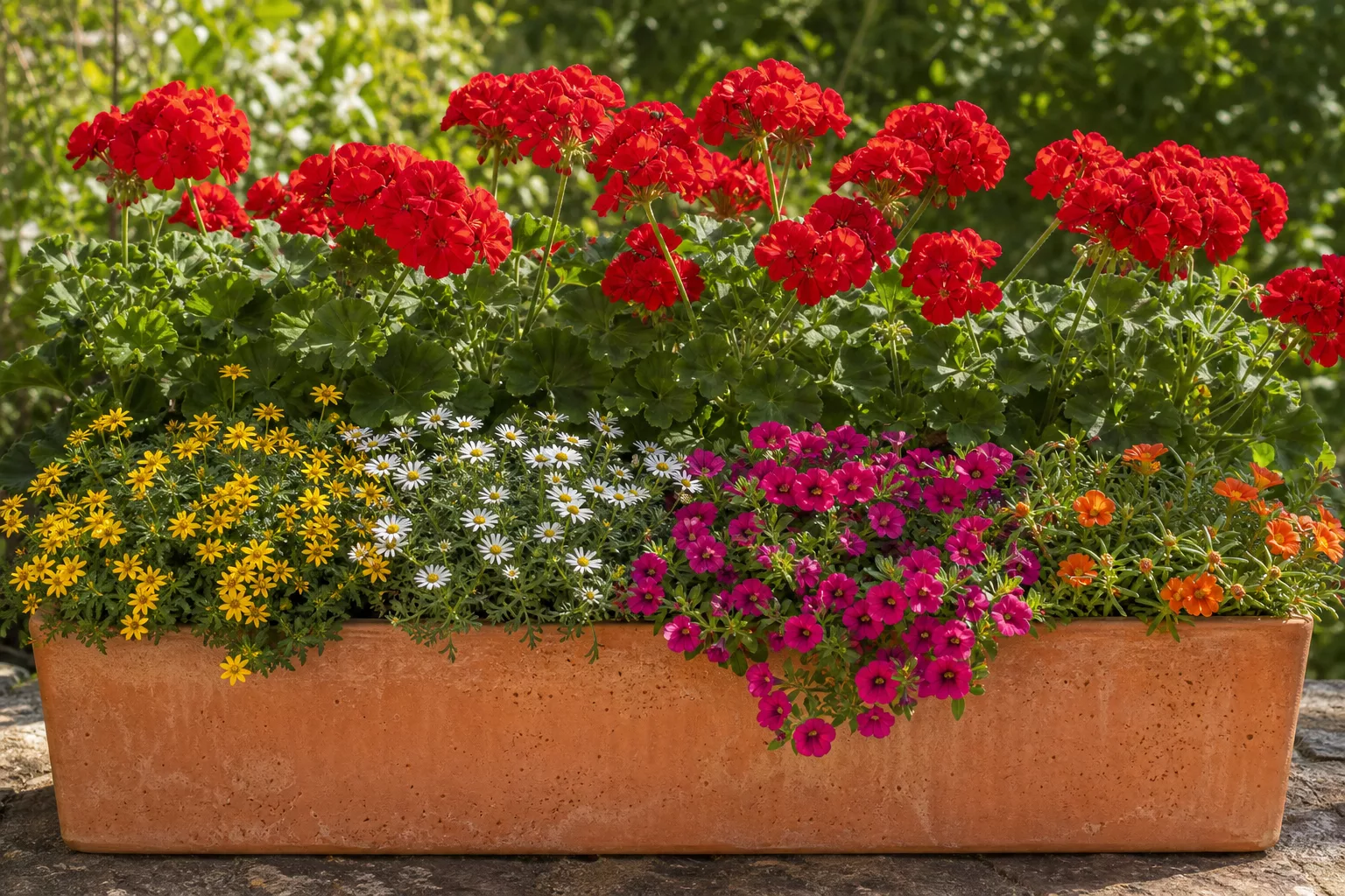 Geranien Pflanzpartner mit gelben, rosa und roten Blüten im Kasten