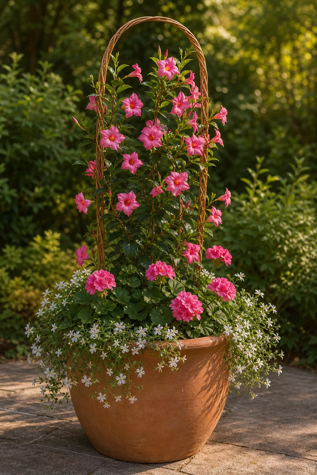 Kletternde Dipladenie mit rosa Geranien und weißer Schneeflockenblume