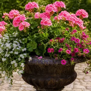 Geranien Pflanzpartner: üppiger Kübel mit rosa und weißen Blüten