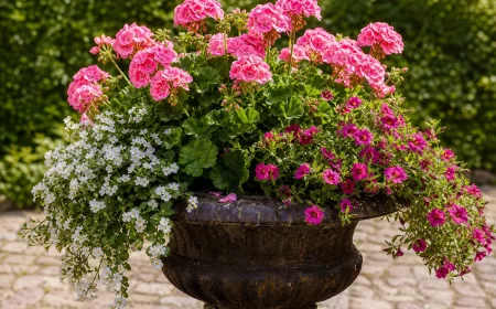 Geranien Pflanzpartner: üppiger Kübel mit rosa und weißen Blüten