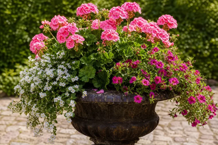 Geranien Pflanzpartner: üppiger Kübel mit rosa und weißen Blüten