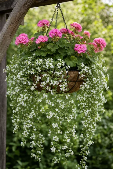 Pinke Geranie und weiße Schneeflockenblume als schlichtes Blütenduo