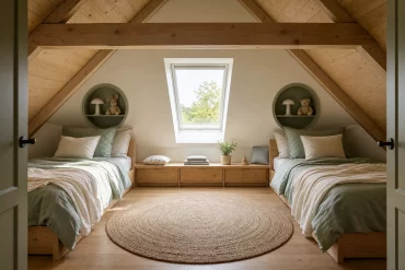 Zwei Betten unter der Dachschräge im Geschwisterzimmer