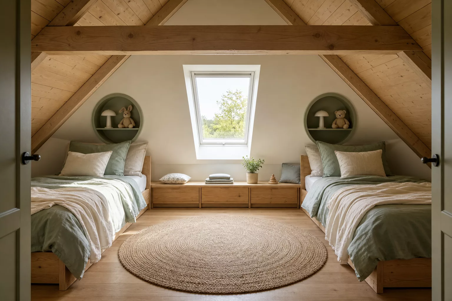 Zwei Betten unter der Dachschräge im Geschwisterzimmer
