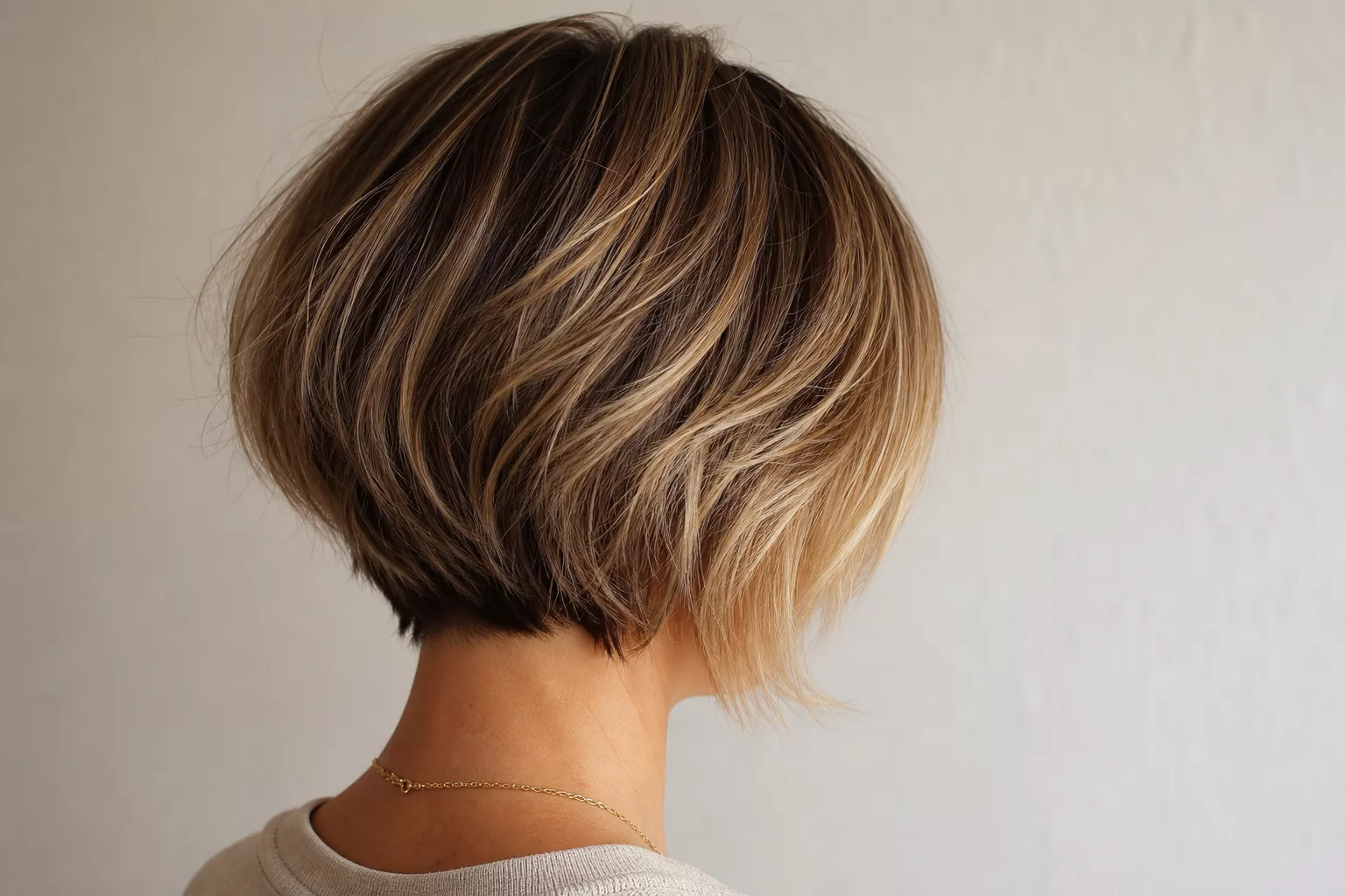 Gestufter kurzer Bob mit Balayage-Strähnen von der Seite
