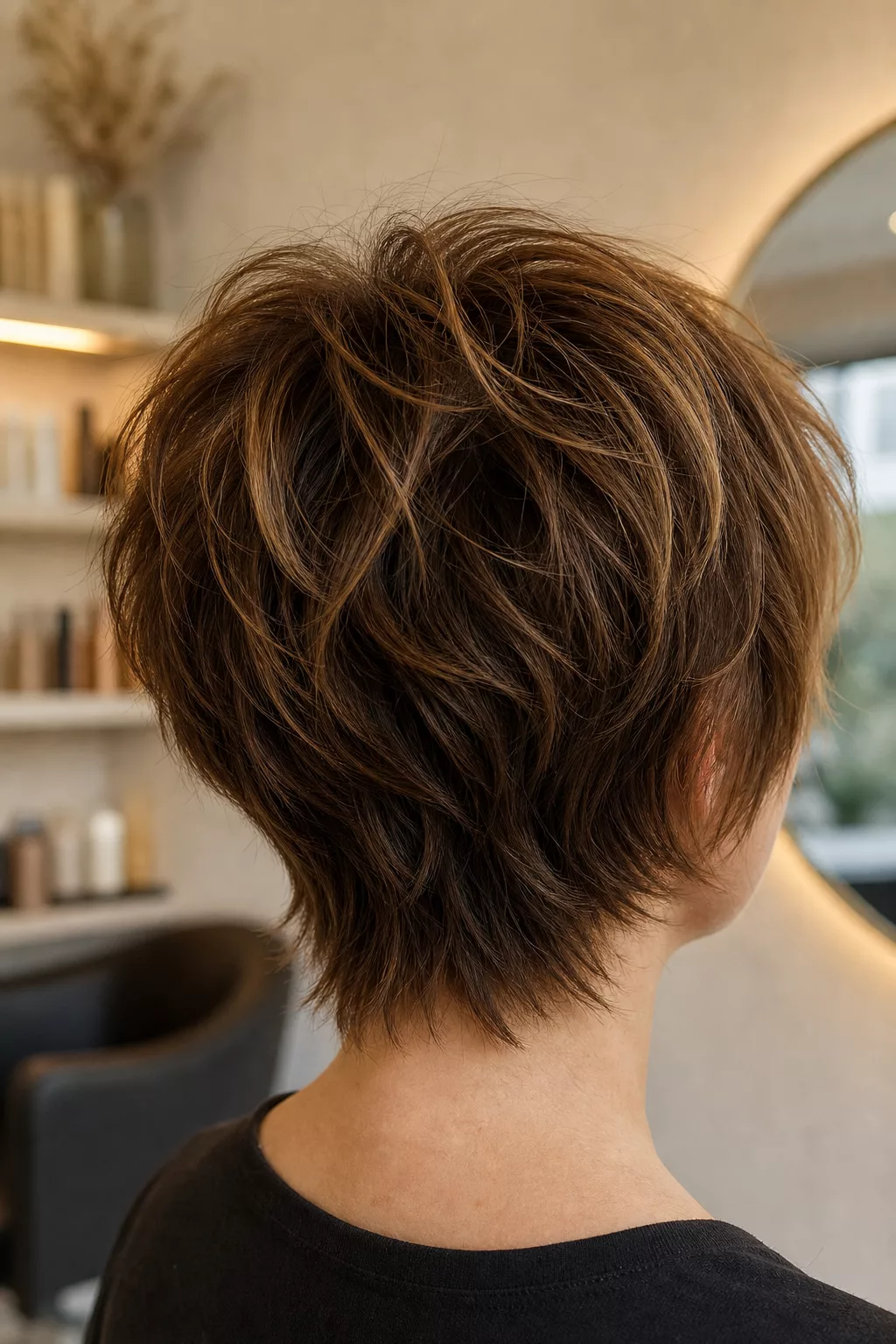 Bixie Cut mit voller Fülle am Oberkopf, Rückenansicht.
