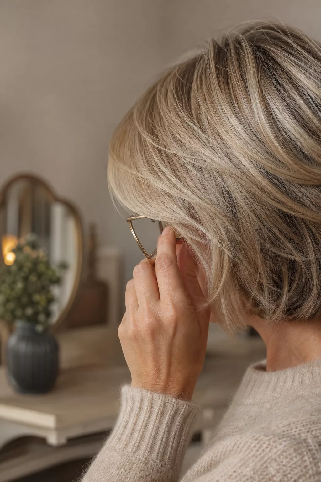 Feathered Bob mit Seitenpony, Brille in der Hand.