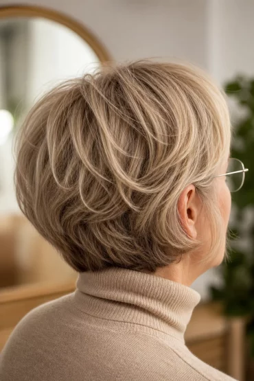 Gestufter Bob mit Volumen und randloser, dezenter Brille