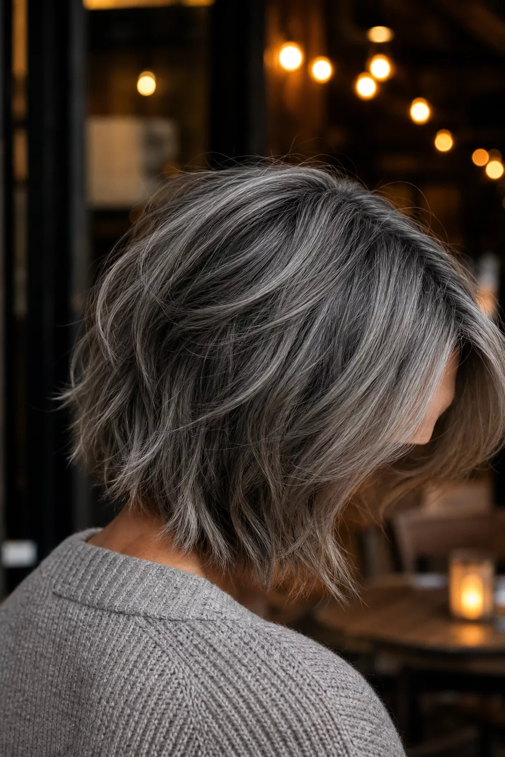 Shaggy Bob mit Curtain Bangs in Steel Grey.