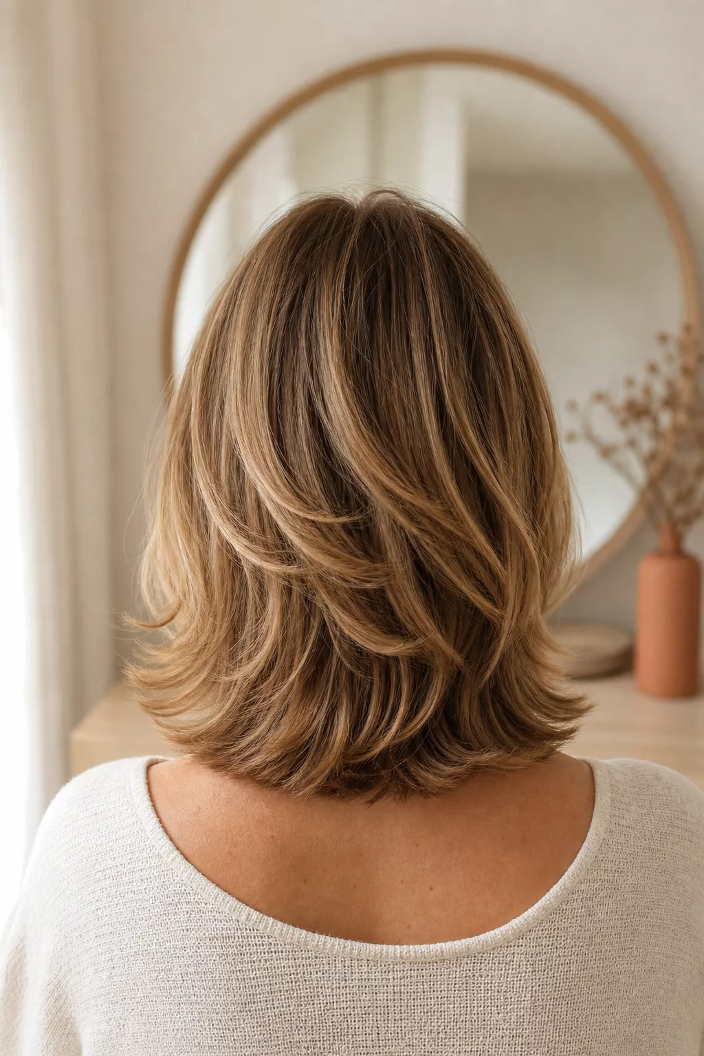 Gestufter Long Bob als Volumenschnitt für feines Haar von hinten