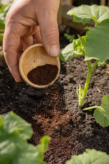 Getrockneter Kaffeesatz wird dünn auf Gurkenerde verteilt