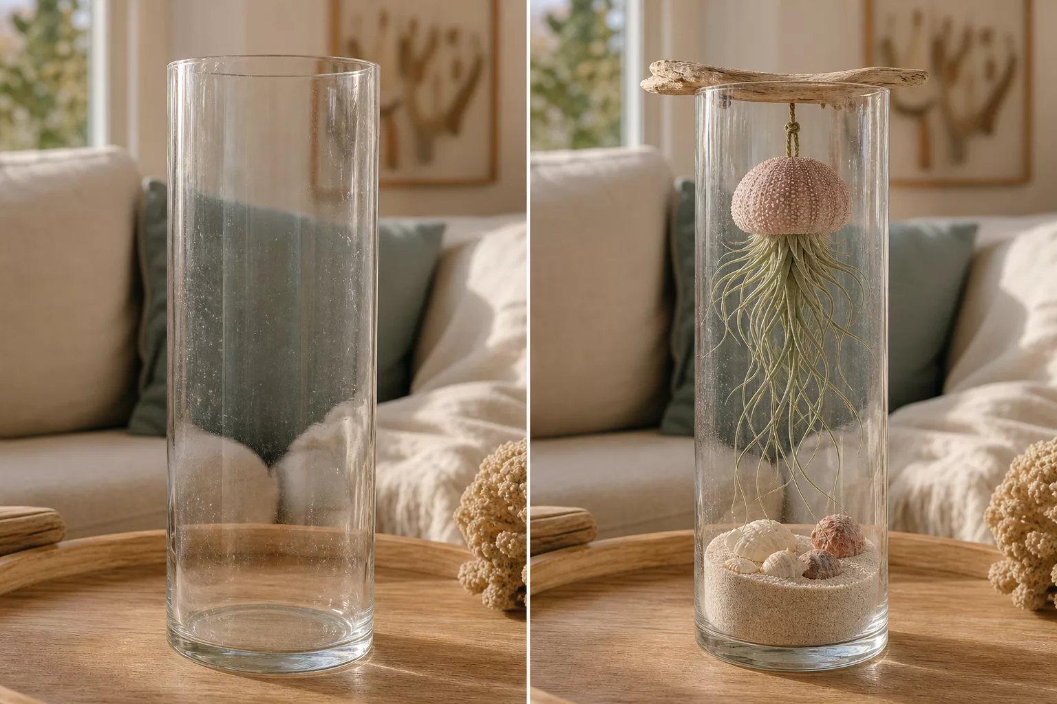 Leere Glasvase im Vergleich zur dekorierten Bodenvase mit Tillandsien-Qualle