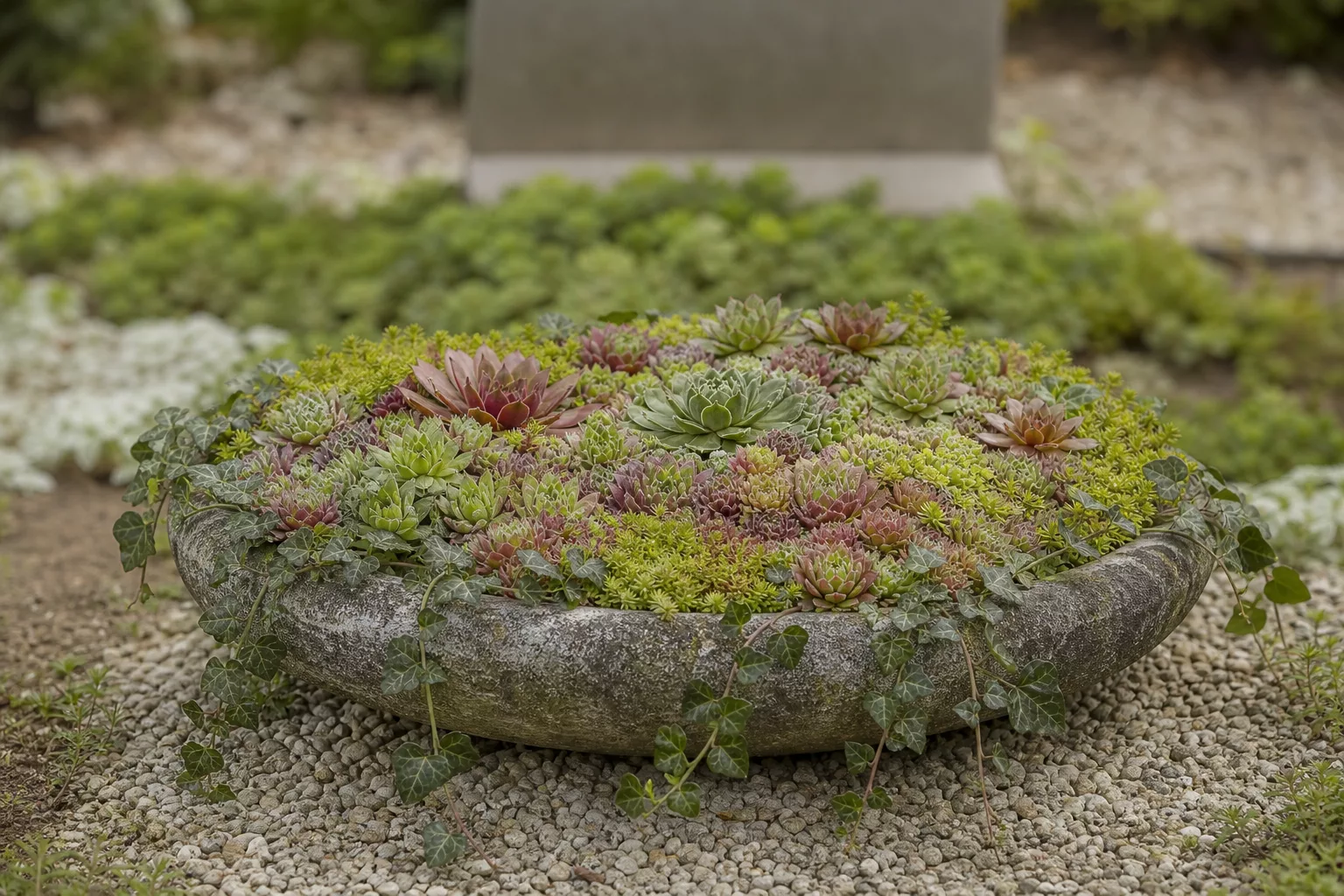 Pflegeleichte Grabschale mit Sukkulenten und Efeu auf dem Friedhof