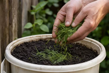 Rasenschnitt als Mulch im umgedrehten Tomaten-Eimer