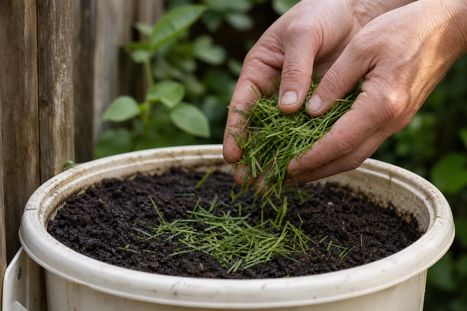 Rasenschnitt als Mulch im umgedrehten Tomaten-Eimer