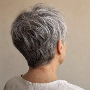 Graue Kurzhaarfrisuren ab 60: texturierter Pixie in Silbergrau