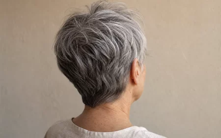 Graue Kurzhaarfrisuren ab 60: texturierter Pixie in Silbergrau