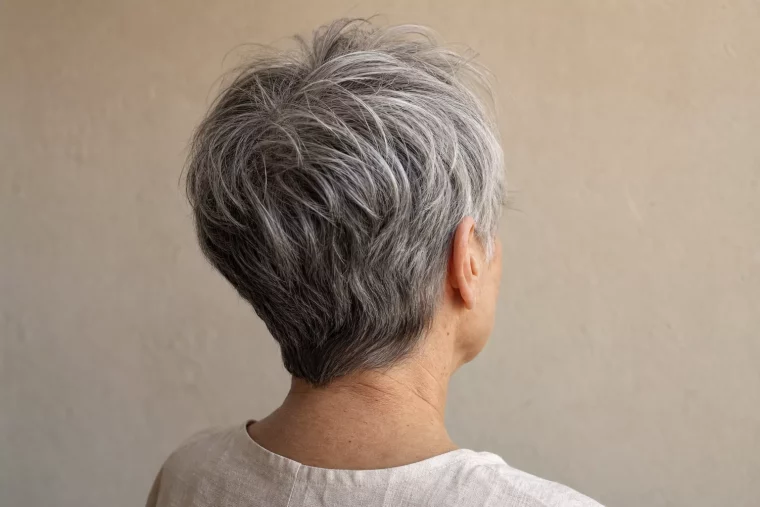 Graue Kurzhaarfrisuren ab 60: texturierter Pixie in Silbergrau