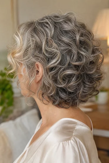 Graue Naturlocken mit Perlmutt-Balayage von der Seite