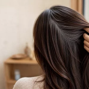 Grey Blending in braunem Haar, Rückenansicht im Friseursalon