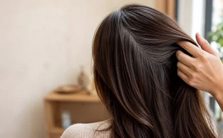 Grey Blending in braunem Haar, Rückenansicht im Friseursalon