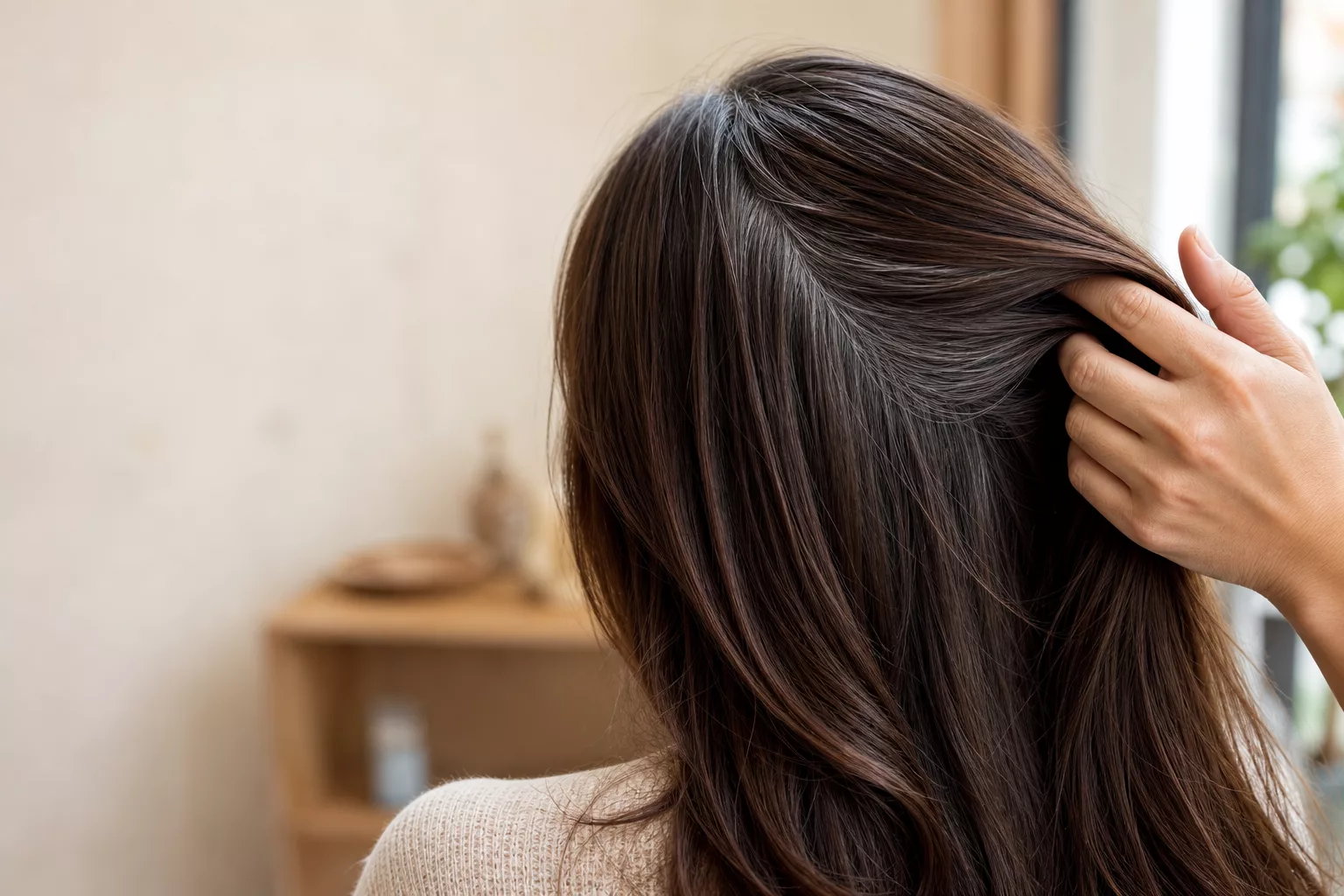 Grey Blending in braunem Haar, Rückenansicht im Friseursalon
