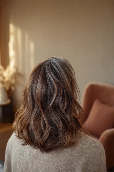 Locker gewelltes braunes Haar mit grauen Reflexen