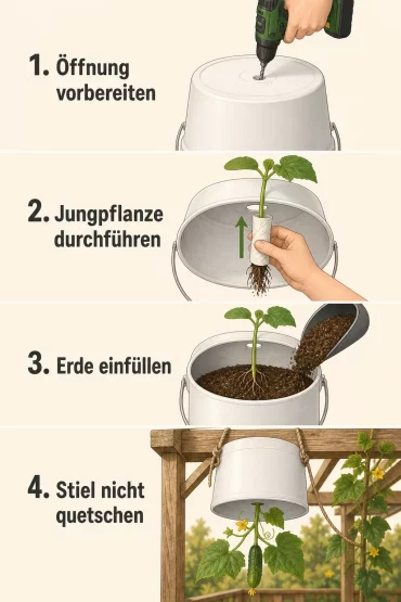 Vierteilige Schritt-Anleitung zum kopfüber Einsetzen der Gurkenjungpflanze