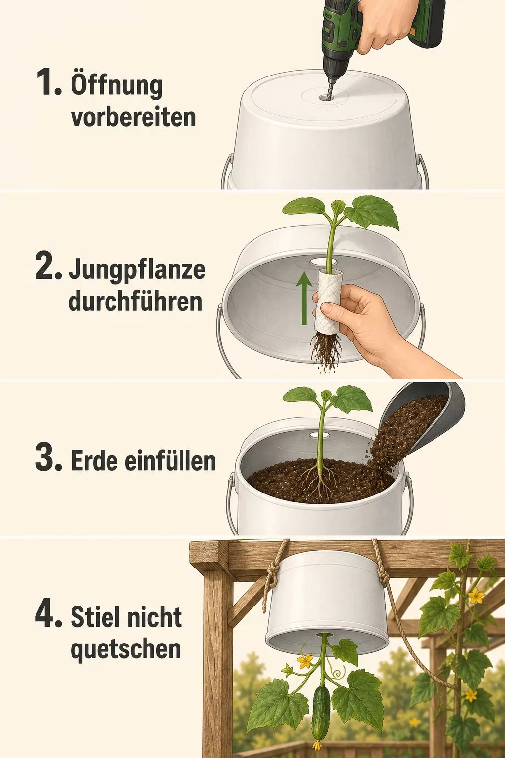 Vierteilige Schritt-Anleitung zum kopfüber Einsetzen der Gurkenjungpflanze