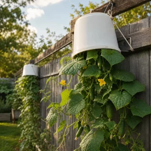 Gurken kopfüber pflanzen im weißen Eimer am sonnigen Gartenzaun
