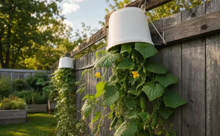 Gurken kopfüber pflanzen im weißen Eimer am sonnigen Gartenzaun