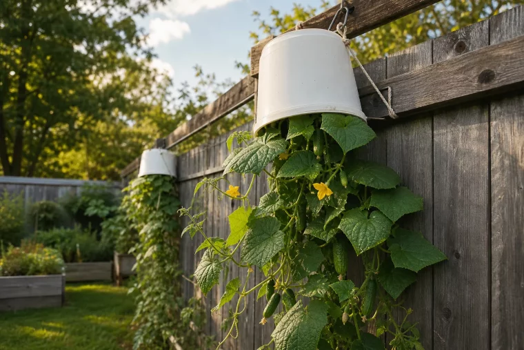 Gurken kopfüber pflanzen im weißen Eimer am sonnigen Gartenzaun