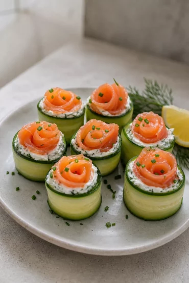 Gurken-Lachs-Röllchen als kaltes Fingerfood, appetitlich angerichtet
