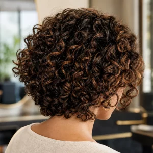 Glänzende, definierte Locken eines gestuften Haarschnitts für lockiges Haar
