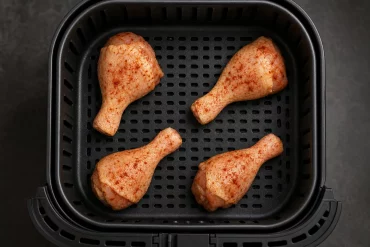 Hähnchenschenkel liegen mit Abstand im Airfryer-Korb
