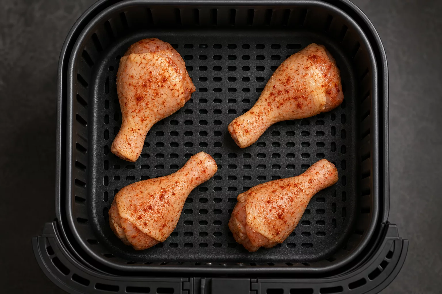 Hähnchenschenkel liegen mit Abstand im Airfryer-Korb
