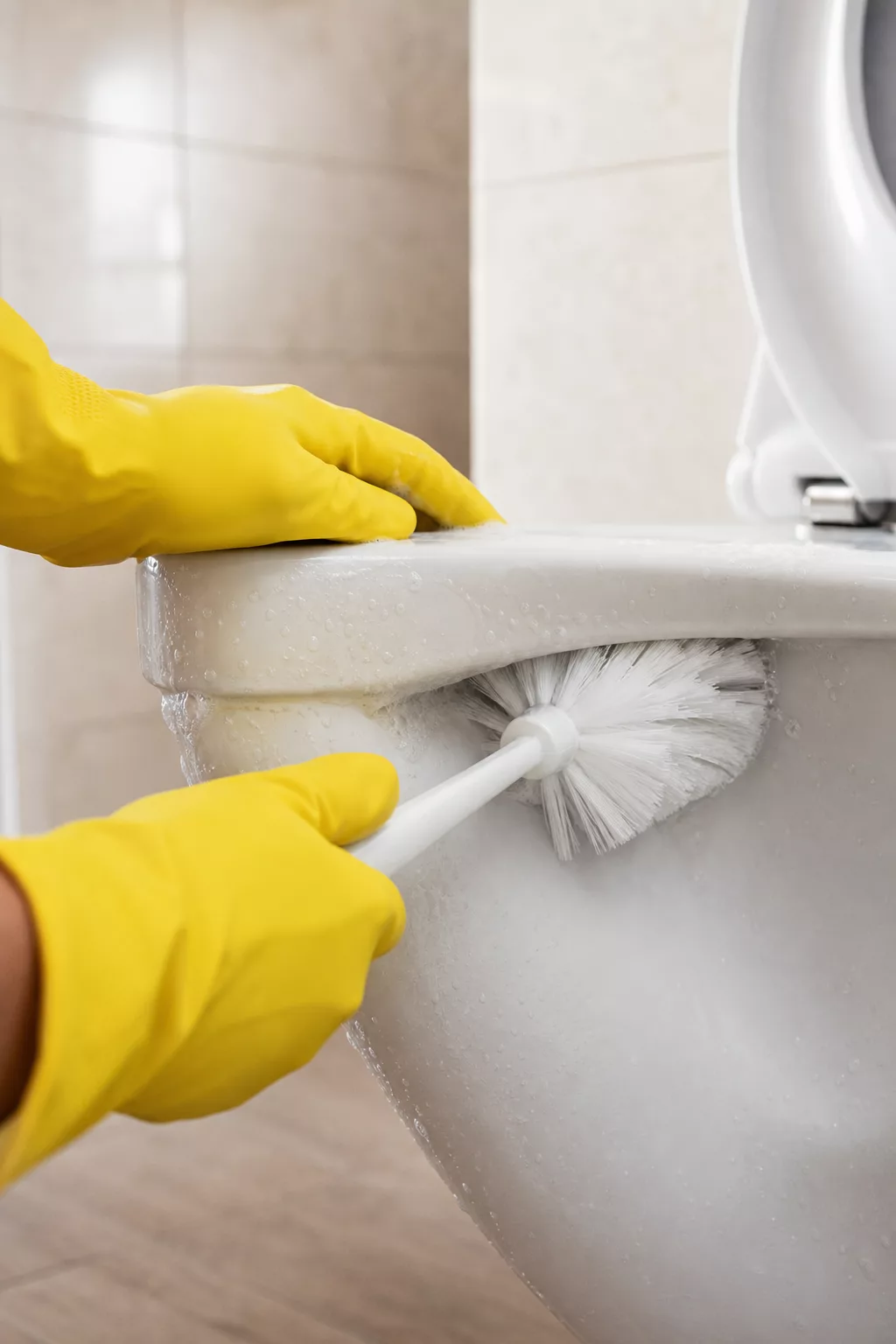 Hände mit gelben Gummihandschuhen reinigen den Toilettenrand mit einer Bürste
