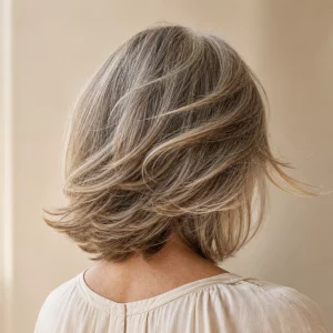 Frisuren halblang gestuft ab 60: gestufter Schnitt in Bewegung von hinten