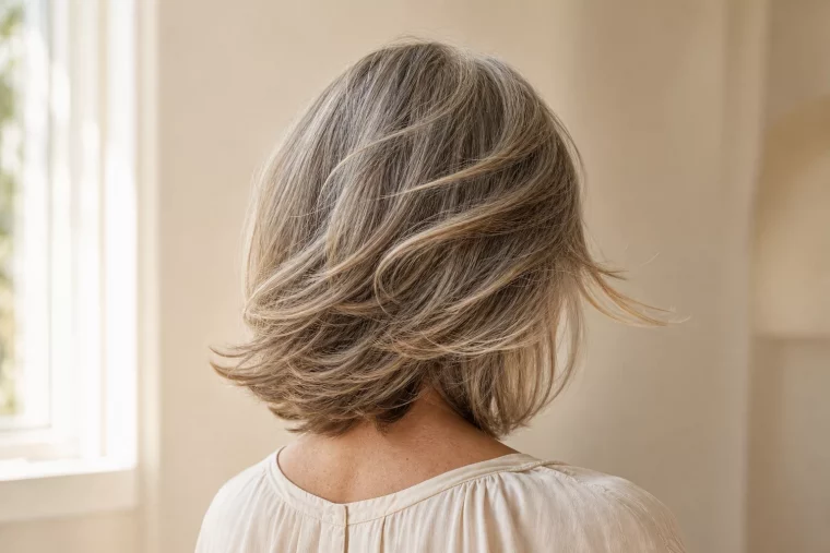 Frisuren halblang gestuft ab 60: gestufter Schnitt in Bewegung von hinten