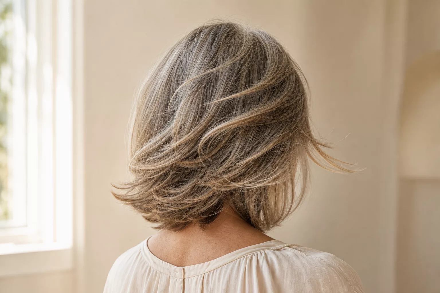 Frisuren halblang gestuft ab 60: gestufter Schnitt in Bewegung von hinten