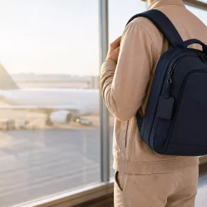Handgepäck-Rucksack einer Reisenden am sonnigen Flughafenfenster