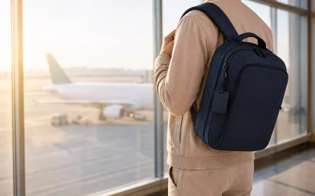 Handgepäck-Rucksack einer Reisenden am sonnigen Flughafenfenster