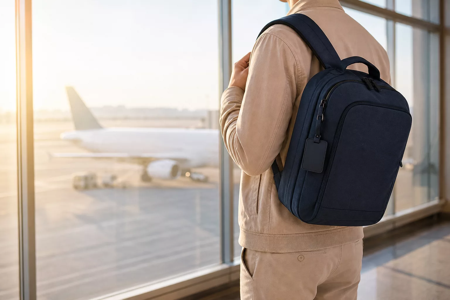 Handgepäck-Rucksack einer Reisenden am sonnigen Flughafenfenster