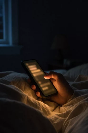 Smartphone leuchtet sanft im Dunkeln neben einer Person im Bett
