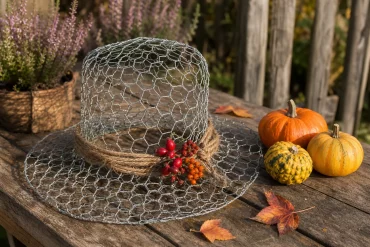 Hasendraht-Hut herbstlich dekoriert mit Hagebutten und Kürbissen im Garten