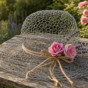 Hut aus Hasendraht selber machen, dekoriert mit Rosen und Lavendel im Garten