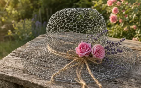 Hut aus Hasendraht selber machen, dekoriert mit Rosen und Lavendel im Garten