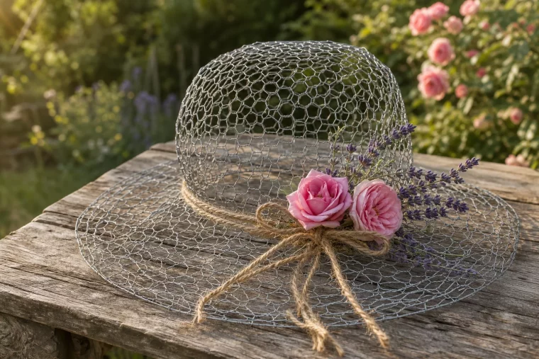 Hut aus Hasendraht selber machen, dekoriert mit Rosen und Lavendel im Garten
