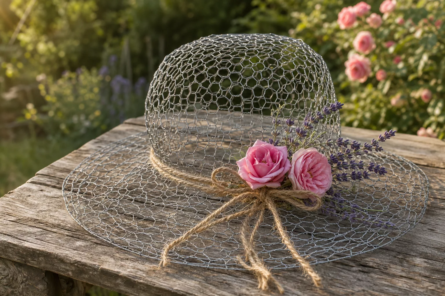 Hut aus Hasendraht selber machen, dekoriert mit Rosen und Lavendel im Garten
